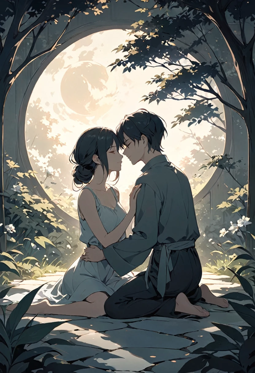 Create a 2D illustration capturing the essence of 'Love in Silence.' Depict two figures, their emotions conveyed through subtle gestures and soft, muted colors. The scene should evoke a quiet, intimate moment where words are unnecessary—perhaps a gentle touch, a shared glance, or a serene setting like a moonlit night or a peaceful garden. Use light and shadow to emphasize the depth of their connection, highlighting the beauty and tranquility of love that thrives in silence