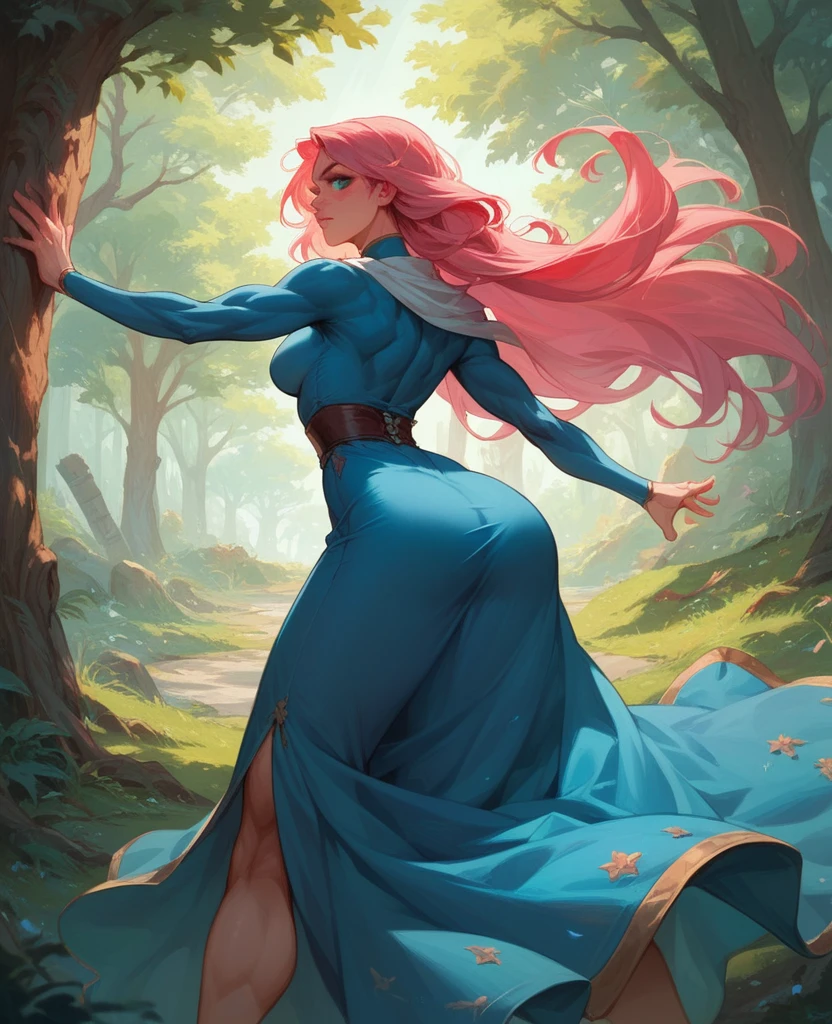    in a magic tree  .  Thai girls with makeup . muscular, athletic, thin waist, medium breasts, medium buttocks, very long pink hair, long blue dress with hemlines and light blue cape, two pieces with low necklines 