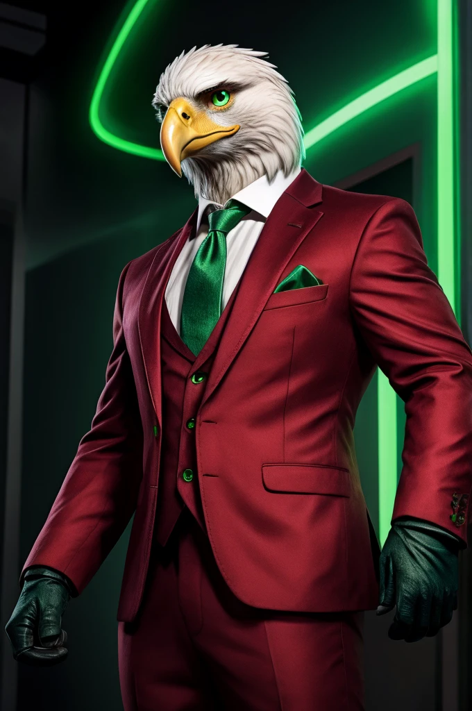 an eagle-faced person with glowing green eyes in a full suit and red gloves