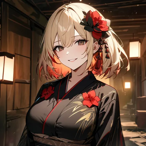 a woman wearing a black yukata with red flower designs, long-sleeved yukata, big breasts, blonde hair, short hair, red bangs, mu...