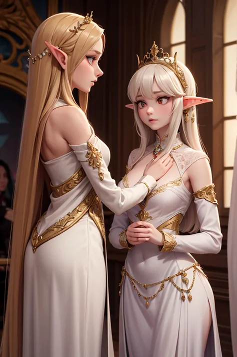 [Core Concept] A formal gathering of high-ranking elven noblewomen meticulously examining and evaluating the physical attributes...