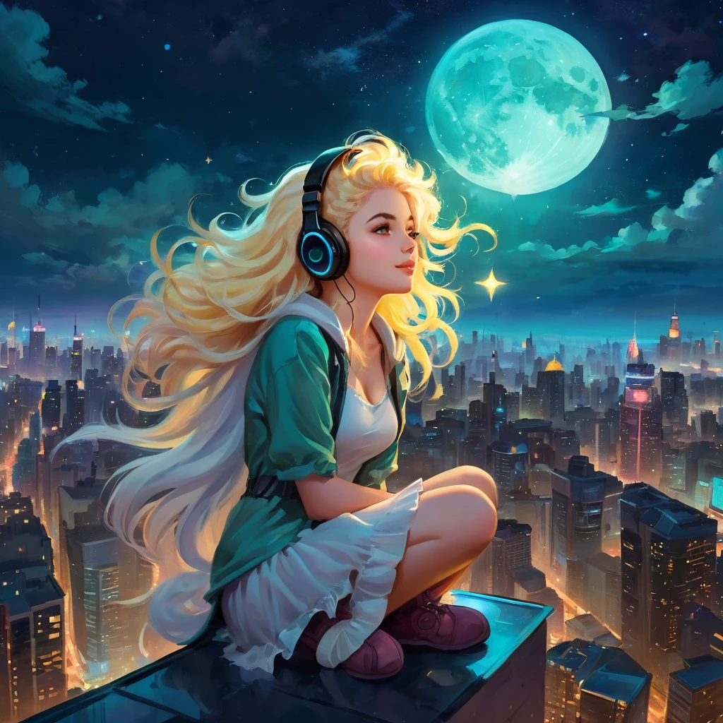 a beautiful 20 year old blonde woman with big messy hair laying down on a cloud in the sky floating over a cityscape at night, wearing headphones, looking down at the city, twinkling stars and glowing moon, fantasy art style, full body, rossdraws cartoon vibrant, cyberpunk, cute detailed digital art, colorfull digital fantasy art, digital fantasy art ), glossy digital painting, rossdraws pastel vibrant, rossdraws 2. 5, rossdraws 1. 0