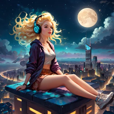 a beautiful 20 year old blonde woman with big messy hair laying down on a cloud in the sky floating over a cityscape at night, w...