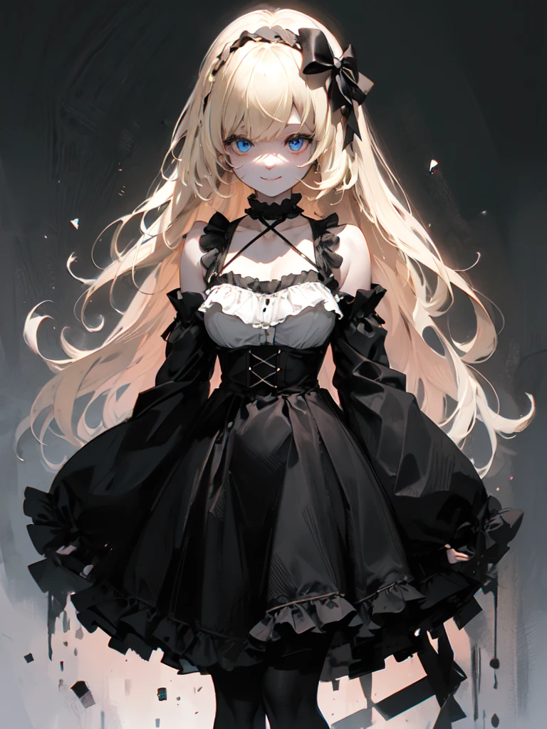 ultra detailed, masterpiece, best quality, solo, soft smile, light smile, 
1girl, blue eyes, very long hair, blonde hair, long blonde hair, french braid, bangs, medium breasts,
hair ribbon, frilled choker, criss-cross halter, sleeveless dress, high-waist skirt, backless dress, waist bow, detached sleeves, frilled sleeves, wide sleeves, pantyhose, patterned legwear, mary janes, watercolor, lineart, rough sketch, RGB, chromatic aberration,