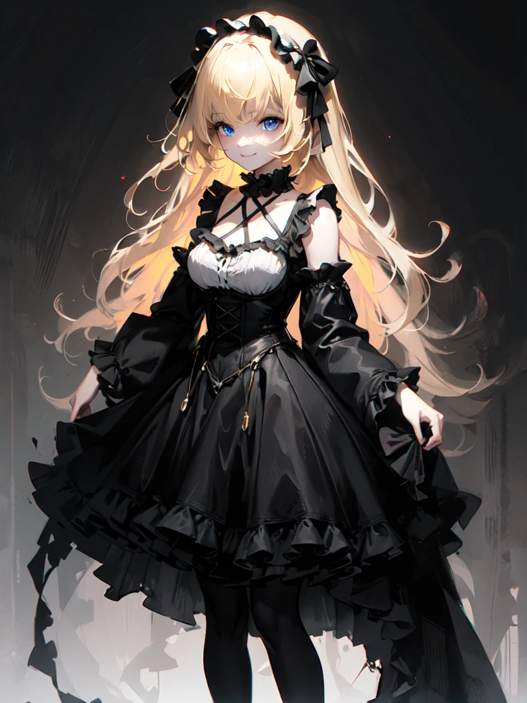 ultra detailed, masterpiece, best quality, solo, soft smile, light smile, 
1girl, blue eyes, very long hair, blonde hair, long blonde hair, french braid, bangs, medium breasts,
hair ribbon, frilled choker, criss-cross halter, sleeveless dress, high-waist skirt, backless dress, waist bow, detached sleeves, frilled sleeves, wide sleeves, pantyhose, patterned legwear, mary janes, watercolor, lineart, rough sketch, RGB, chromatic aberration,