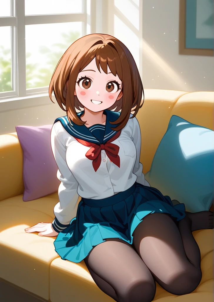 [ochako uraraka], [Boku no hero academia], ((masterpiece)), ((high res)), ((solo portrait)), ((front view)), ((full body)), ((feet visible)), ((HD)), ((detailed shading)), ((intricate details)), {(attractive figure), (rosy cheeks), big round brown eyes, short brown hair, short eyelashes, large , (curvaceous hips), (beautiful lips), (cute soft feet), (excited smile), (white teeth), (blushing)}, {(school uniform), (white button-up shirt), (blue ruffled skirt), (black pantyhose)}, {(sitting on couch), (looking at viewer)}, [ambient lighting, living room room, window, sun rays]