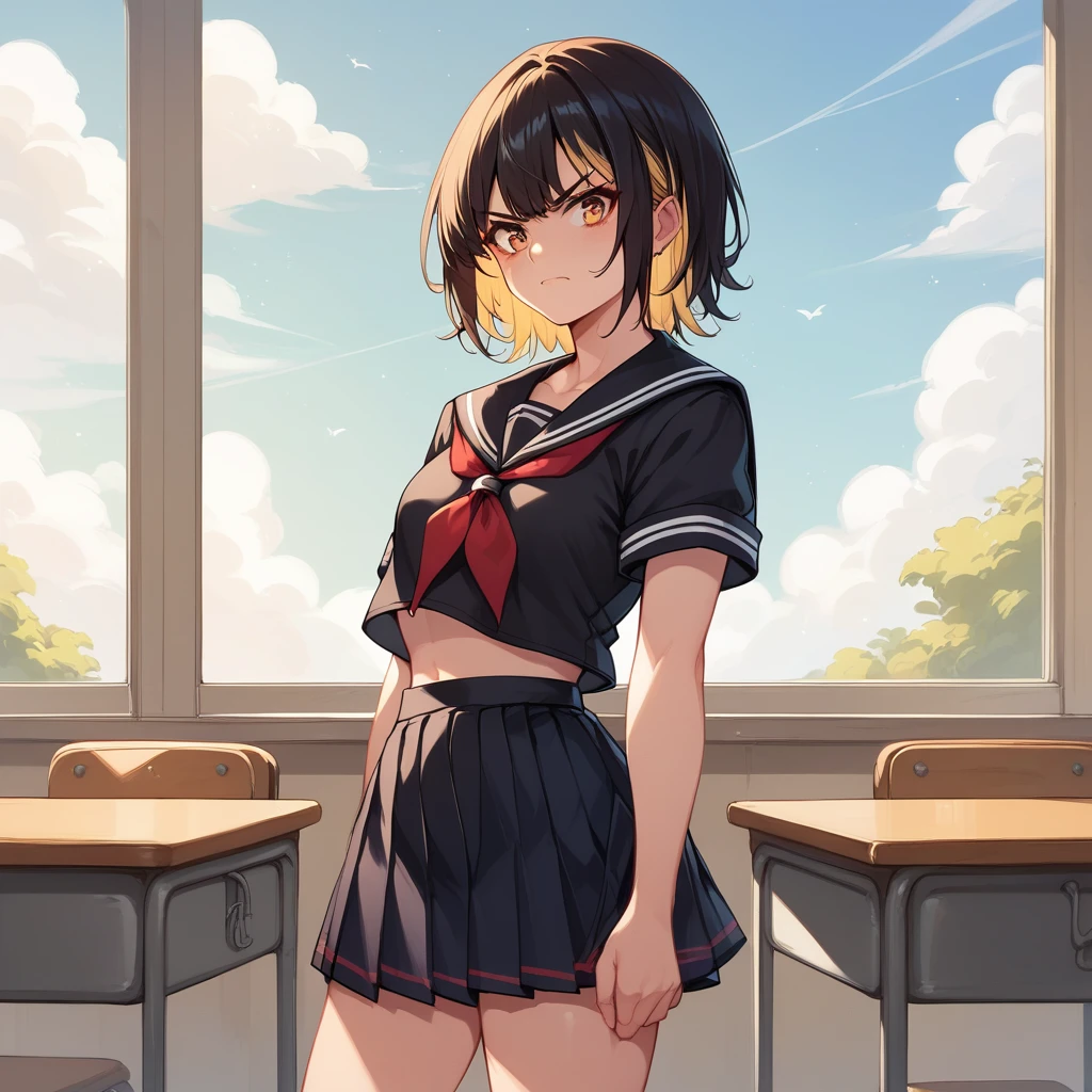 {{{{masterpiece}}}}, nsfw, solo, Black serafuku, short sleeves, red ribbon, standing, ikaruga_luca, Classroom, angry,
