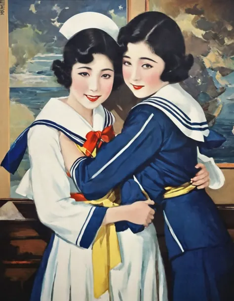 highest quality、masterpiece,retro image of a japanese poster from the 1930s,(oil painting style:1.2)、sailor costume,2 girls、they...