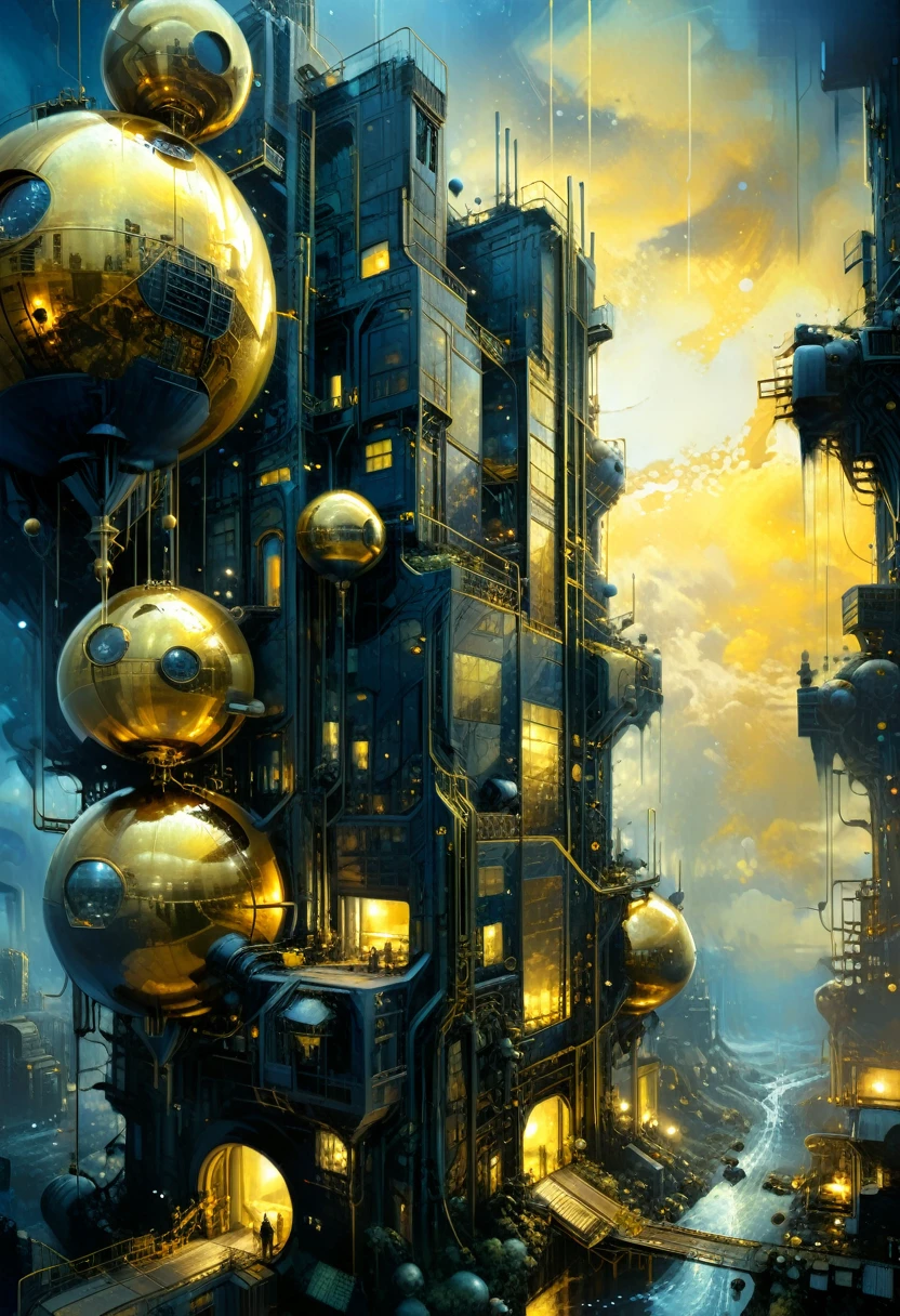 Futuristic high tech factory, cosmic company building, buildings on high tech ornaments, sunset, mysterious atmosphere, deep dark blue and golden yellow, 4D, 8K, photorealistic, dreamlike, big and complex composition storytelling, masterpiece, artwork by Bernie Wrightson, artwork by Jeremy Mann, Surrealism, Impressionism