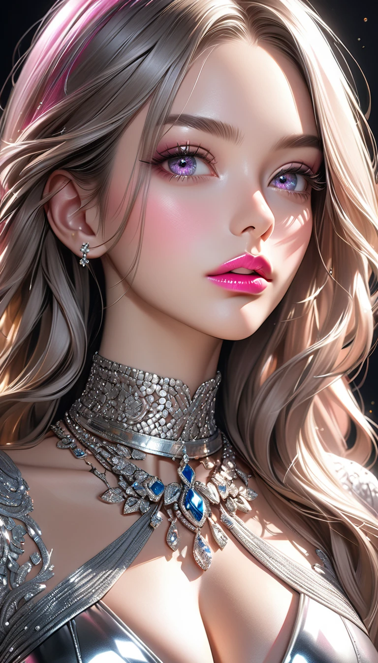 a stylish girl, long hair, beautiful detailed eyes, beautiful detailed lips, extremely detailed face, long eyelashes, glossy lips surface, vibrant pink lips, shiny silver tight dress, cleavage, diamond necklace, photorealistic, 8k, (best quality:1.2), hyper detailed, (realistic:1.37), elegant, chic, modern, studio lighting, cinematic,