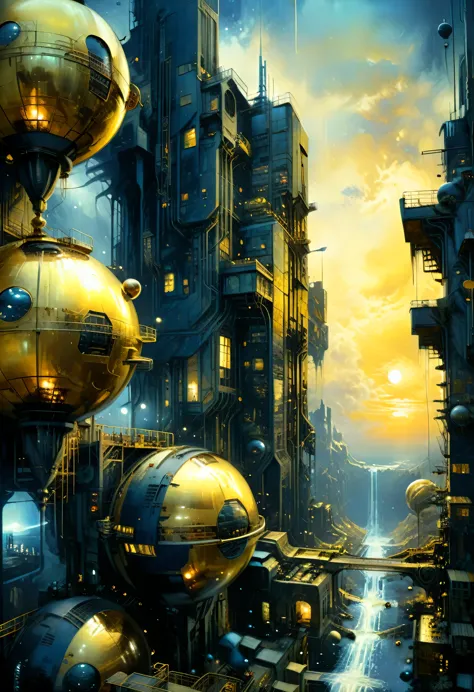 futuristic high tech factory, cosmic company building, buildings on high tech ornaments, sunset, mysterious atmosphere, deep dar...