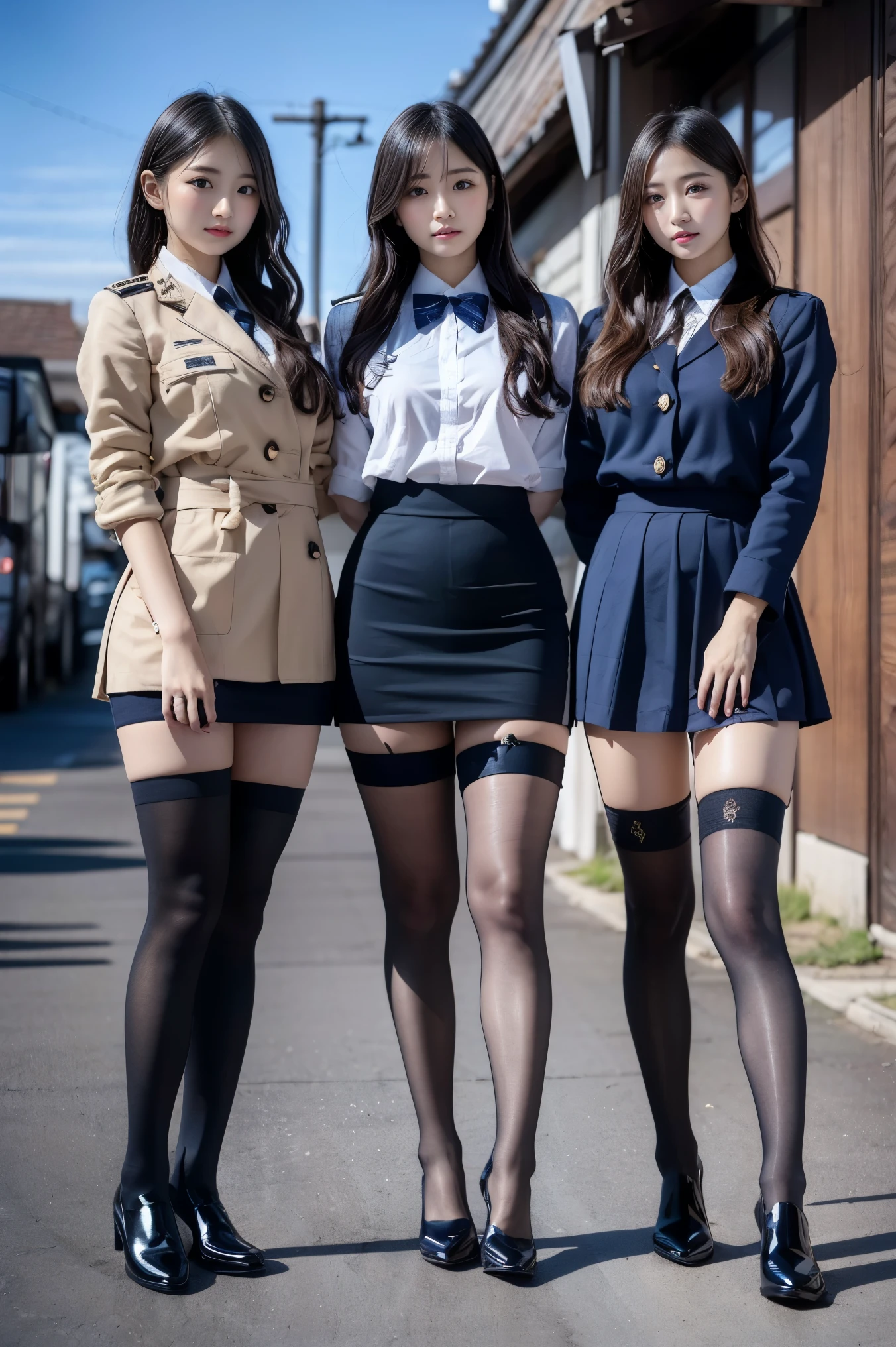 Ultra-high resolution, Realistic, Very detailed, Golden Ratio, Highest quality, 4人はAre standing姿の全身ショット, (promotional photoshoot), (Are standing), 4人がハイヒールを履いて床にAre standing, (Four beautiful female teachers with exemplary figures), Beautiful Face, (Realisticな face), (blondeのショートカット:1.3), Japanese blonde, blonde, short hair, hair band, Glare, Frowning, Drooling, Long Tongue, Verbal invitation, Compensate, Frowning, Frowningをする, Surrealism, First Person View, First Person View, Wide-angle, Ultra-high resolution, Anatomically correct, Very detailedな, 16K, (Four beautiful female teachers,Standing side by side), The four of them are wearing the same uniform.., Navy blue uniform with ribbon shirt, (She is wearing a navy blue micro mini uniform.), (Not exposed), Not see-through, (wide thighs), (Very long legs), (Micro tight mini skirt), ((Shiny black stockings thighs)), (The black stockings have no pattern..), (Wearing brown high heel loafers), Accurate high heels, Low - Angle