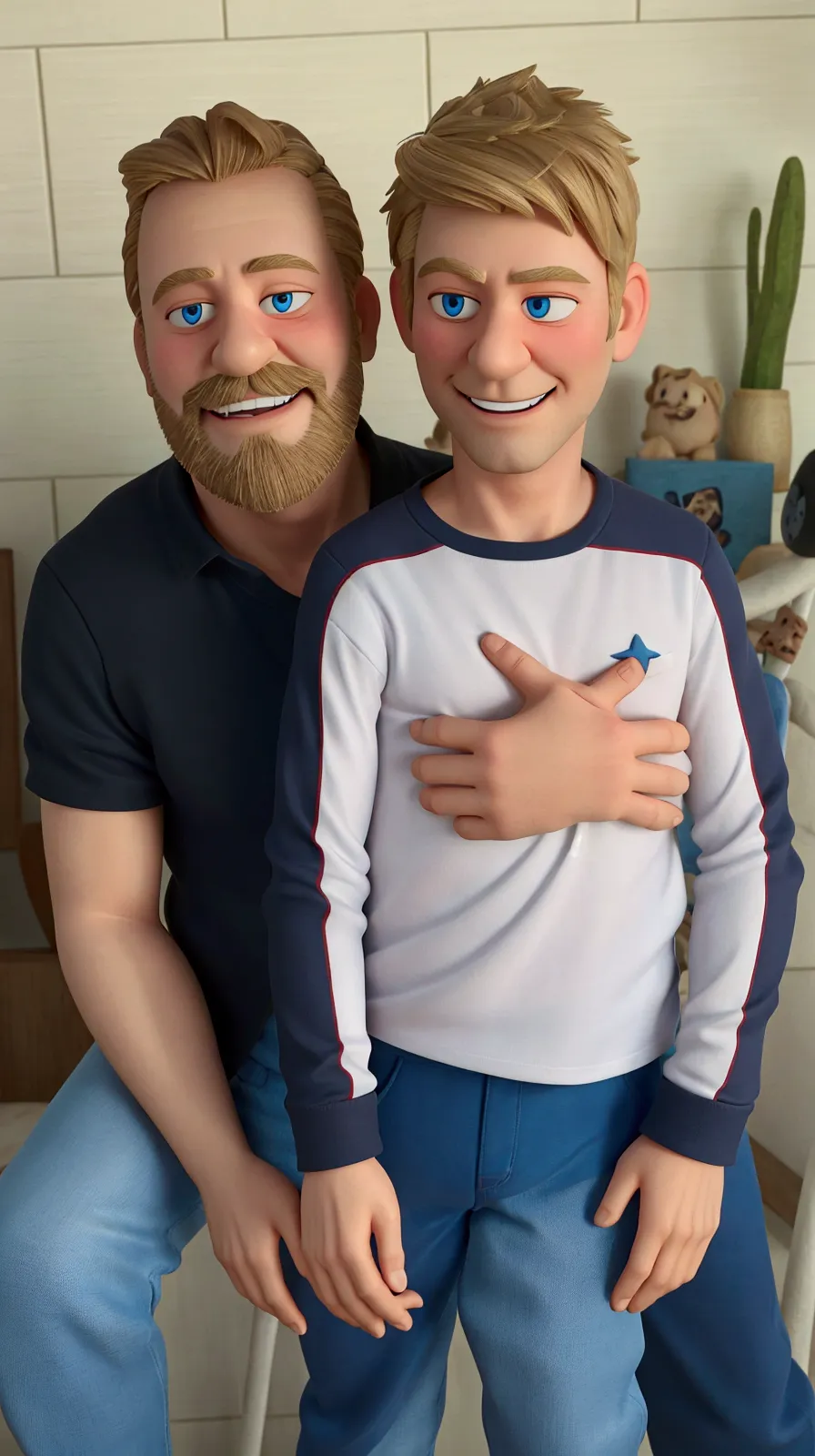 pixar-inspired 3d poster of a middle-aged man with short blond hair and a medium beard, hugging his 8-year-old son, both blond w...