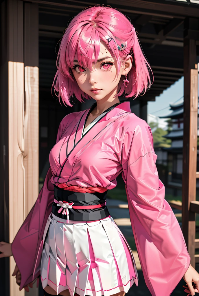 (masterpiece, best quality), 1girl,   SonaOkita, 1girl, solo, pink hair, short hair, skirt, hairclip, black thighhighs, long sleeves, hair between eyes, pleated skirt, japanese clothes, wide sleeves, pink eyes, pink kimono, sash, obi, white skirt, medium breasts,Holding a pink knife in his hand 