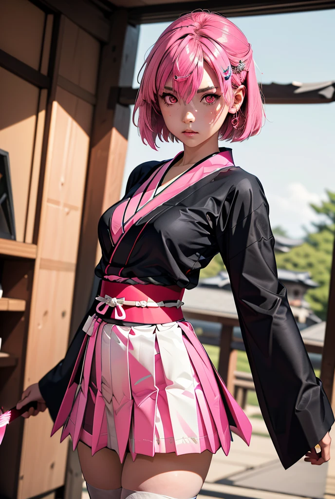 (masterpiece, best quality), 1girl,   SonaOkita, 1girl, solo, pink hair, short hair, skirt, hairclip, black thighhighs, long sleeves, hair between eyes, pleated skirt, japanese clothes, wide sleeves, pink eyes, pink kimono, sash, obi, white skirt, medium breasts,Holding a pink knife in his hand 