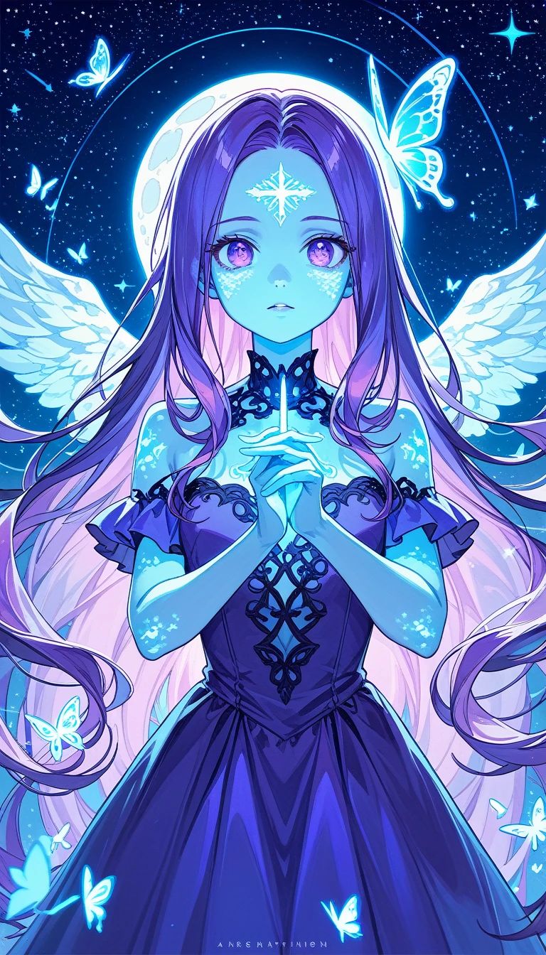 masterpiece，best quality，Ultra Detail，Fine details，high resolution,Angel,Glowing skin,thin,Purple hair color,Very long hair,1,Purple Eye,Perfect face,Exquisite facial features,Looking at the viewer,Purple dress,Dreamy tones,high contrast color tone,Blue sky,daytime,3D Rendering,Pastel，Angel光环，There are some stars in the background，moon，Butterfly，Starry Sky