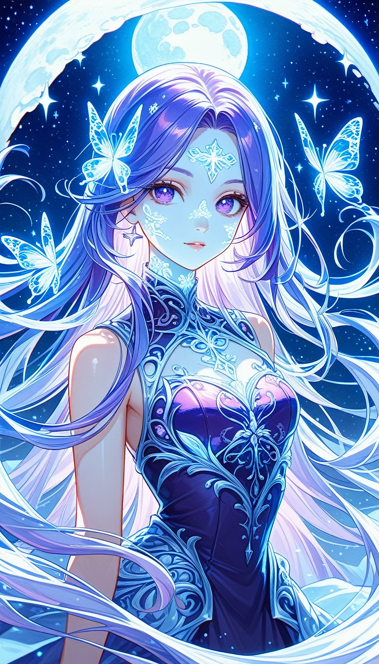 masterpiece，best quality，Ultra Detail，Fine details，high resolution,angel,Glowing skin,thin,Purple hair color,Very long hair,1,Purple Eye,Perfect face,Exquisite facial features,Looking at the viewer,Purple dress,Dreamy tones,high contrast color tone,Blue sky,daytime,3D Rendering,cake，angel光环，There are some stars in the background，moon，Butterfly，Starry Sky