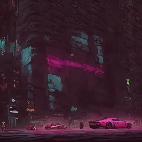 a futuristic chevrolet camaro, a man standing next to a car in a town at night, estilo de arte cyberpunk, cyberpunk themed art, ...