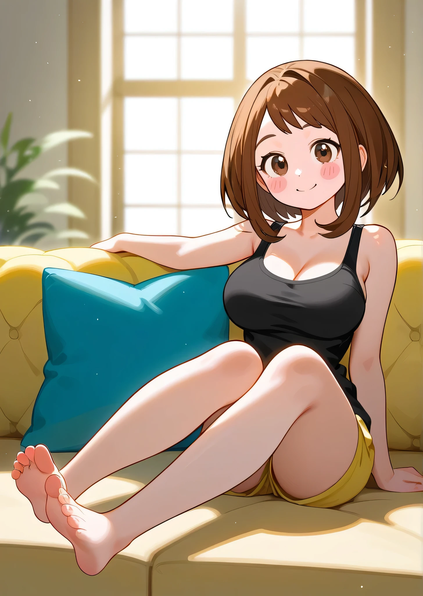 [ochako uraraka], [Boku no hero academia], ((masterpiece)), ((high res)), ((solo portrait)), ((front view)), ((full body)), ((feet visible)), ((HD)), ((detailed shading)), ((intricate details)), {(attractive figure), (rosy cheeks), (big round brown eyes), (short brown hair), (short eyelashes), (large breasts), (curvy hips), (beautiful legs), (cute soft feet), (blushing), (cute smile)}, {(black tank top), (yellow pajama shorts)}, {(sitting on couch), (looking at viewer)}, [ambient lighting, living room room, window, sun rays]