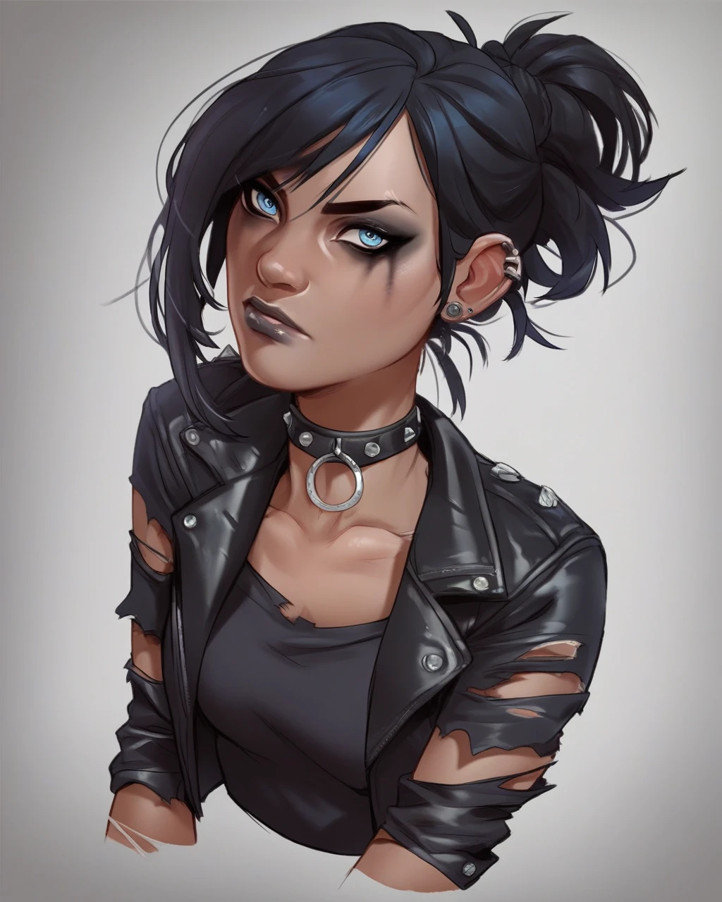 score_9, score_8_up, score_7_up, score_6_up, score_5_up, score_4_up, rating_safe, source_western,   lilandavastyle, 1girl, blue eyes, black hair, goth girl, ripped jeans, leather jacket, dark makeup