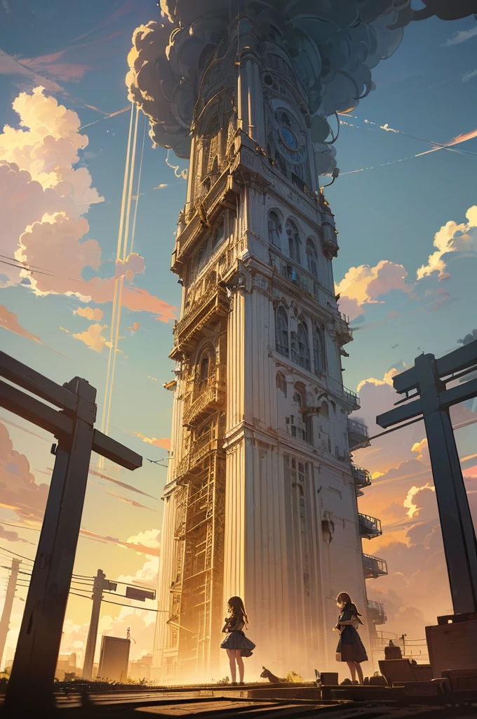 extremely detailed, 8k, highest resolution, (outdoor, old subway train station, 1 teenage girl, standing on the ground, looking up to a tall timber tower,(sky golden day, clouds circling a tornado,) (dynamic angle: 1.5, directly below, shot: 1.5, directly behind the girl