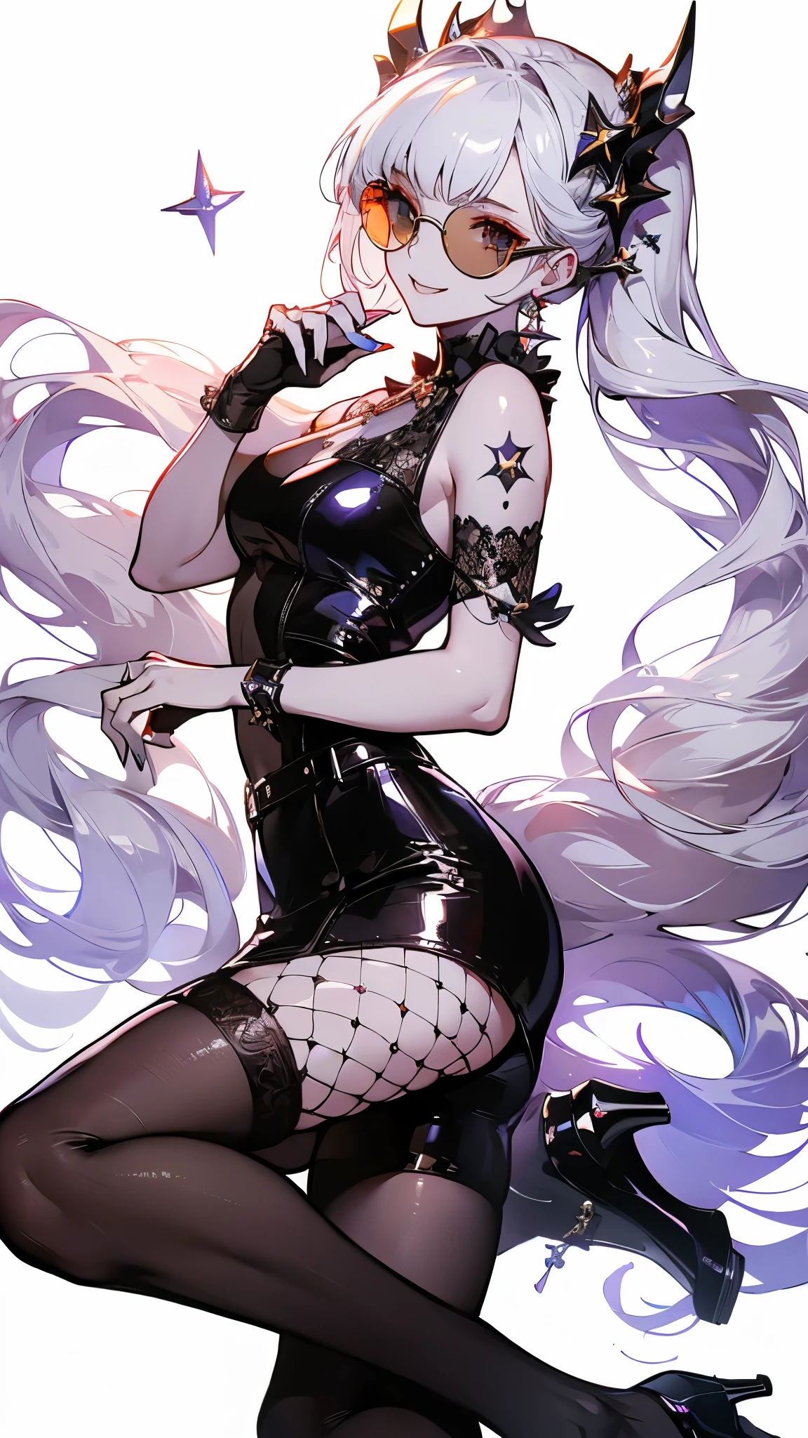 ((masterpiece， best quality))，Idol singer，Royal sister，sunglasses，Pure white background，Detailed face，Smile，whole body，Perfect body proportions，Glowing milky white eyes，sexly，Tattoo，extremely beautiful，transparent，High heel，Fishnet stockings，Star decoration,