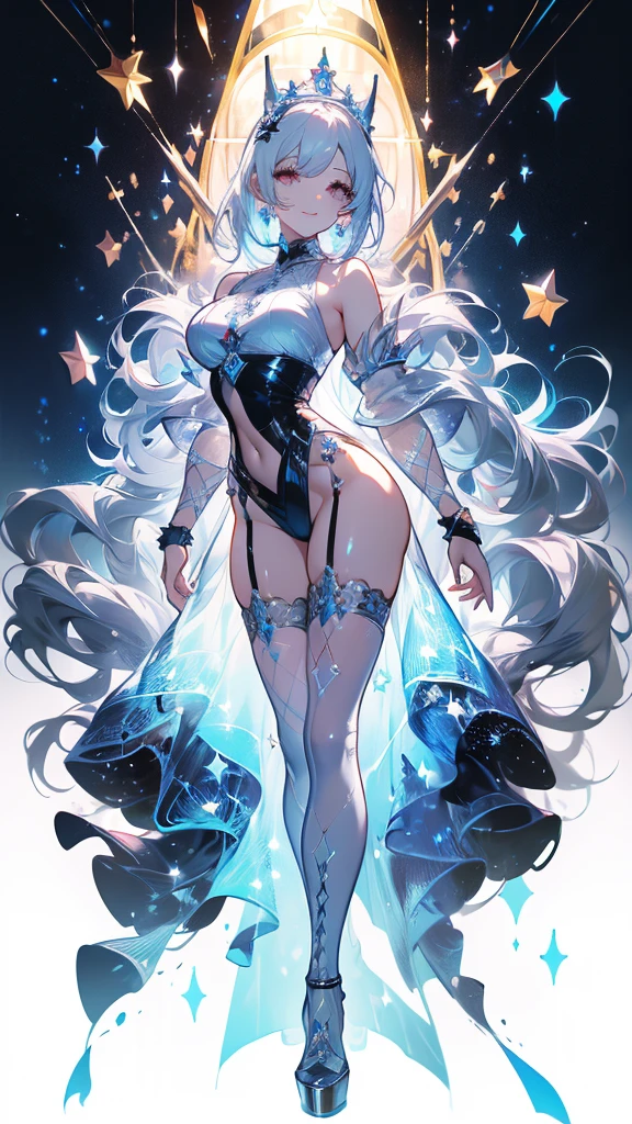 ((masterpiece， best quality))，goddess，Royal sister，Pure white background，Detailed face，Smile，whole body，Perfect body proportions，Glowing milky white eyes，sexly，Tattoo，extremely beautiful，transparent，High heel，Fishnet stockings，Star decoration,