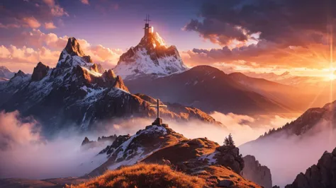 in a breathtaking 4k cinematic scene, the cross of jesus christ stands tall and solitary atop a rugged hill, set against the bac...