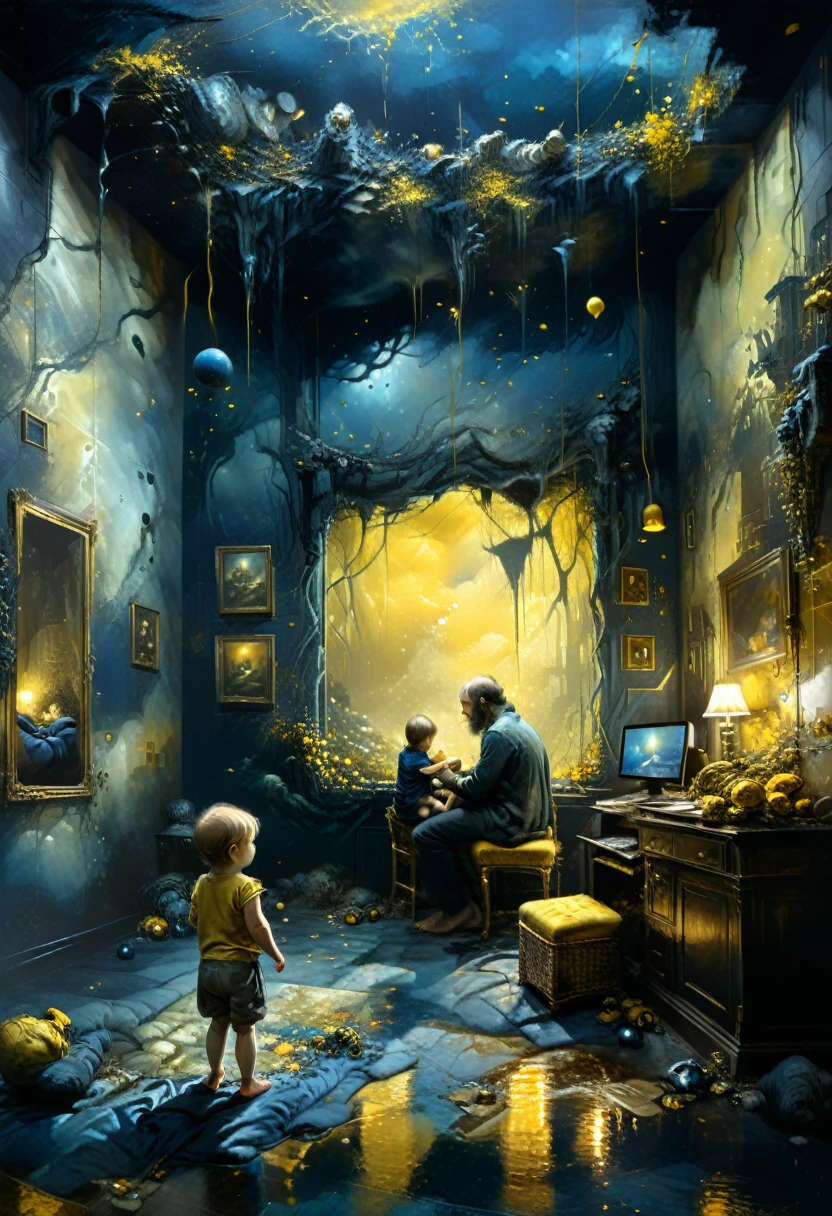 Daddy with a baby kid playing on a room while on smartphone, while playing web3 games, mysterious atmosphere, deep dark blue and golden yellow, 4D, 8K, photorealistic, dreamlike, big and complex composition storytelling, masterpiece, artwork by Bernie Wrightson, artwork by Jeremy Mann, Surrealism, Impressionism