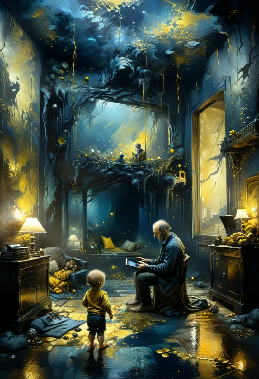 Daddy with a baby kid playing on a room while on smartphone, while playing web3 games, mysterious atmosphere, deep dark blue and golden yellow, 4D, 8K, photorealistic, dreamlike, big and complex composition storytelling, masterpiece, artwork by Bernie Wrightson, artwork by Jeremy Mann, Surrealism, Impressionism