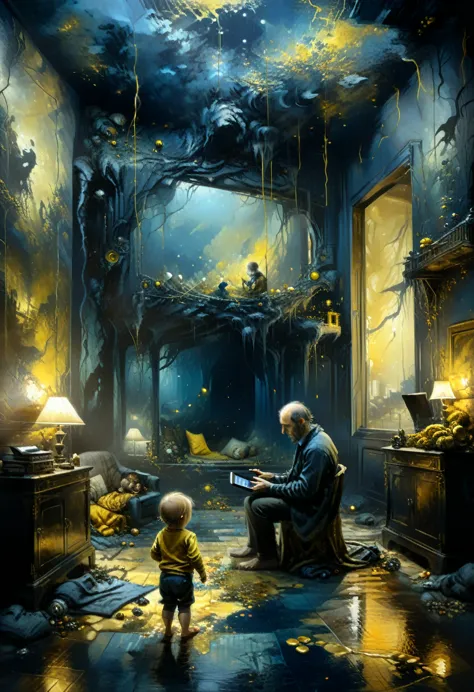 daddy with a baby kid playing on a room while on smartphone, while playing web3 games, mysterious atmosphere, deep dark blue and...