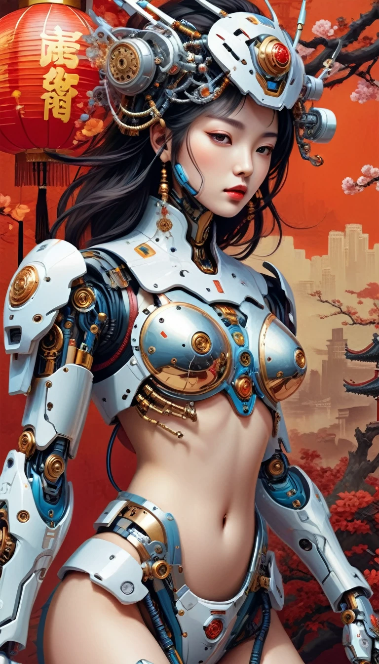 Intricate illustration in surrealist art style，mecha girl，Chinese woman, Cyborg in Chinese culture style, full background