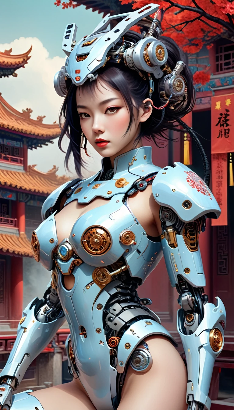 Intricate illustration in surrealist art style，mecha girl，Chinese woman, Cyborg in Chinese culture style, full background