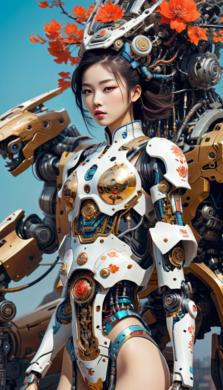 Intricate illustration in surrealist art style，mecha girl，Chinese woman, Cyborg in Chinese culture style, full background