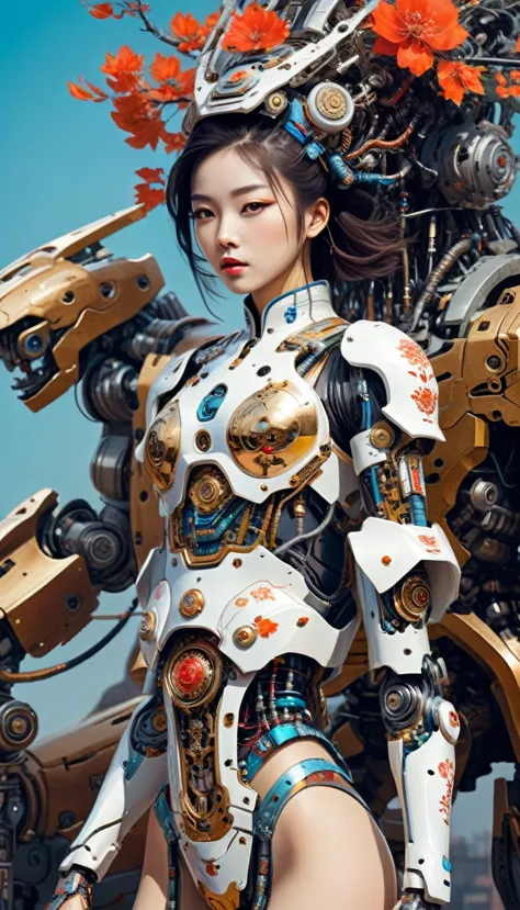 intricate illustration in surrealist art style，mecha girl，chinese woman, cyborg in chinese culture style, full background