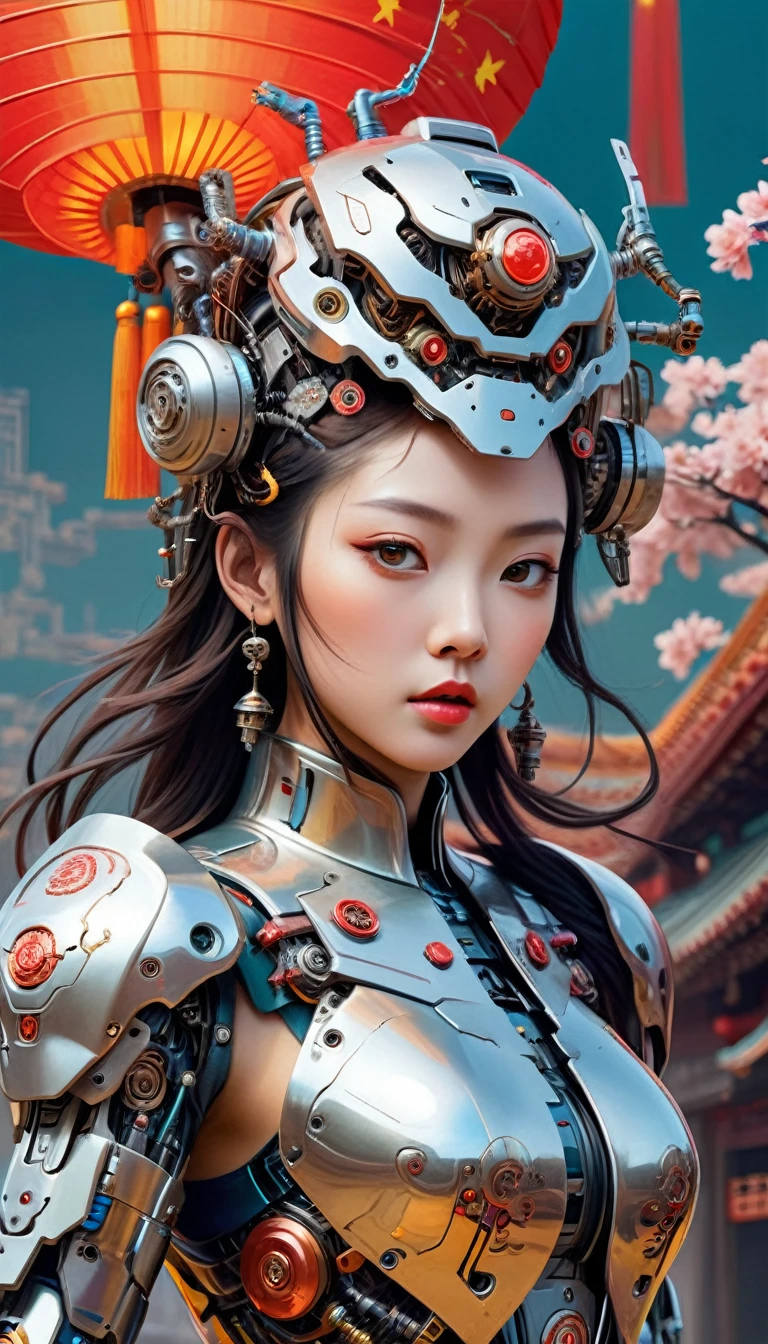 Intricate illustration in surrealist art style，mecha girl，Chinese woman, Cyborg in Chinese culture style, full background