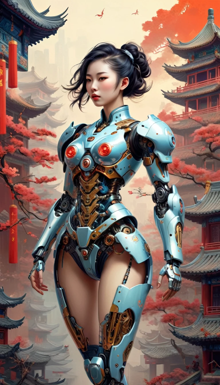 Intricate illustration in surrealist art style，mecha girl，Chinese woman, Cyborg in Chinese culture style, full background