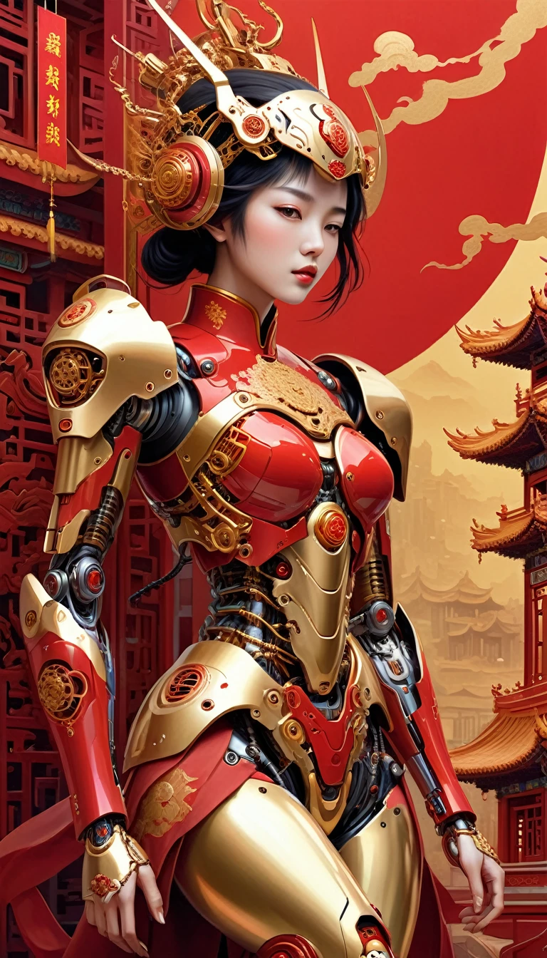 Intricate illustration in surrealist art style，mecha girl，Chinese woman, Cyborg in Chinese culture style, full background, Mecca of red and gold mixture