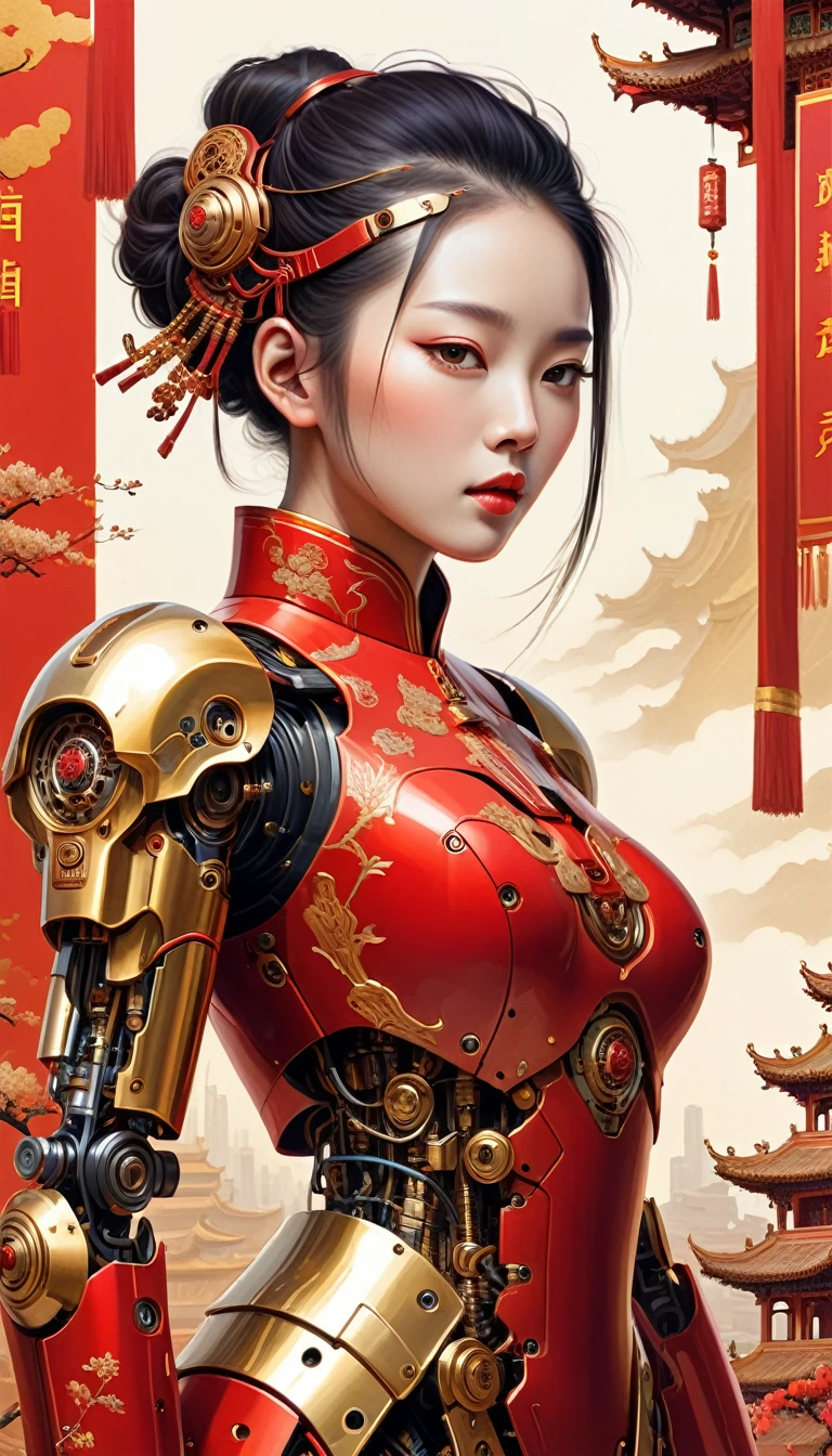 Intricate illustration in surrealist art style，mecha girl，Chinese woman, Cyborg in Chinese culture style, full background, Mecca of red and gold mixture