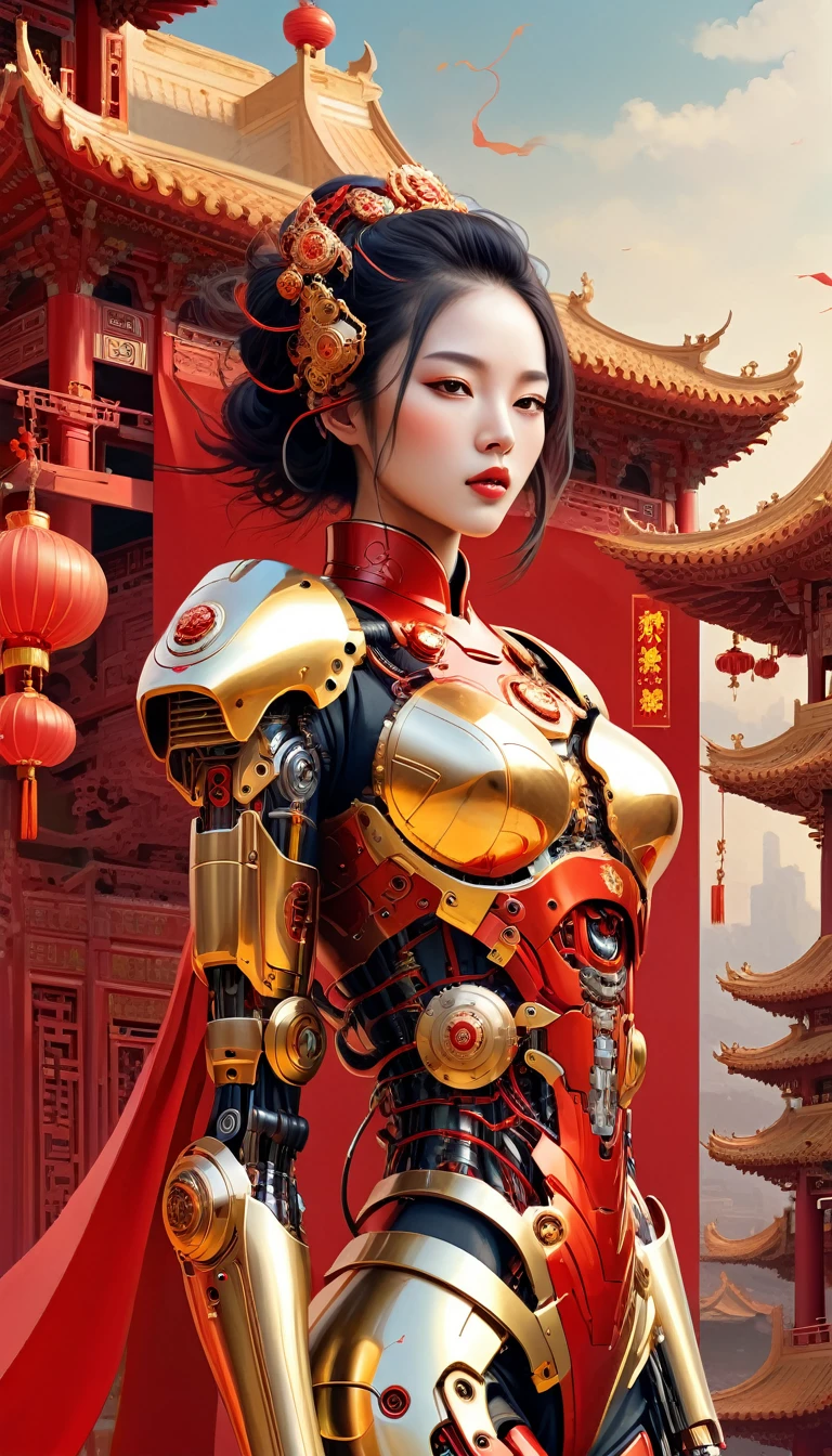 Intricate illustration in surrealist art style，mecha girl，Chinese woman, Cyborg in Chinese culture style, full background, Mecca of red and gold mixture