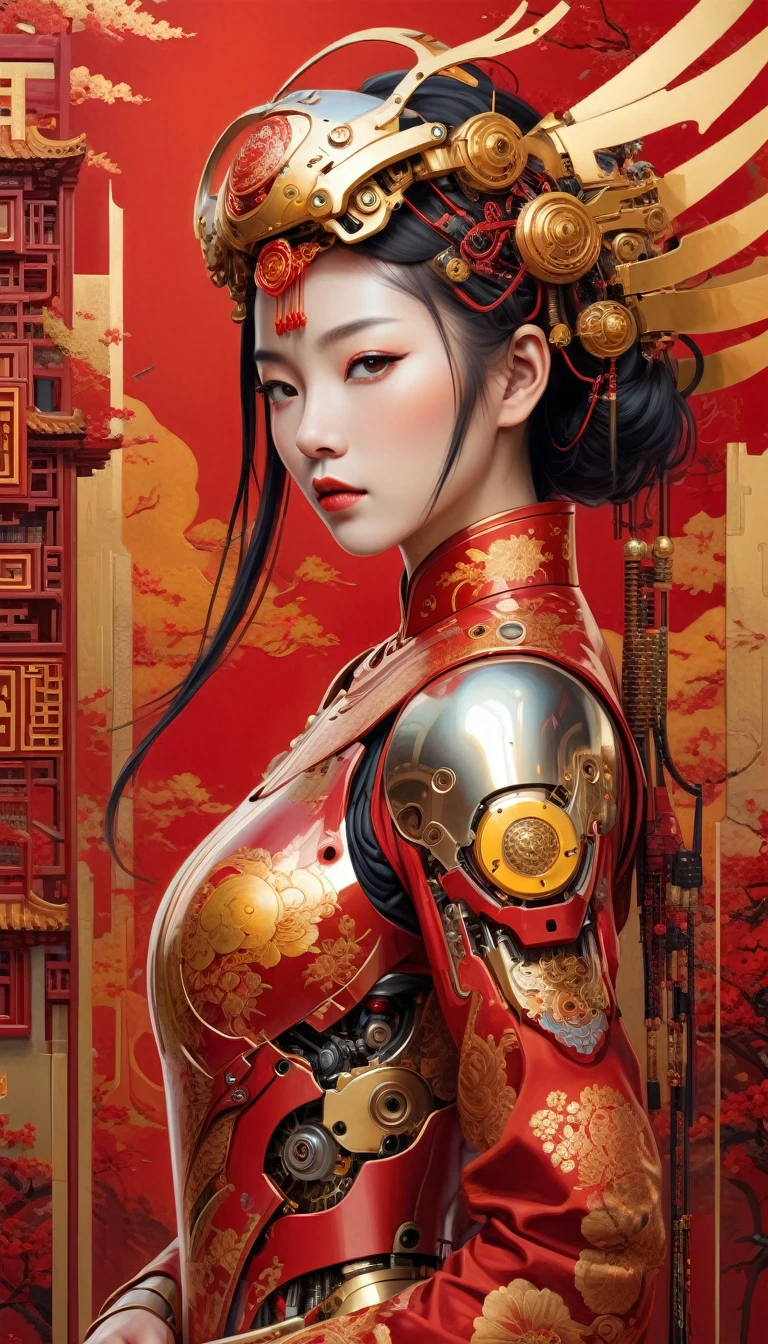 Intricate illustration in surrealist art style，mecha girl，Chinese woman, Cyborg in Chinese culture style, full background, Mecca of red and gold mixture