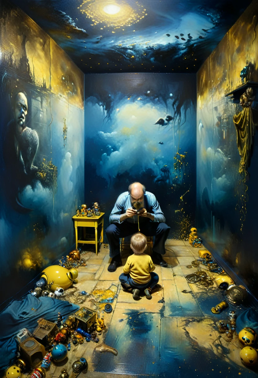 Young daddy w8th moustache and baby kid curating art, toys on the floor, toyart exposed collection on the walls, mysterious atmosphere, deep dark blue and golden yellow, 4D, 8K, photorealistic, dreamlike, big and complex composition storytelling, masterpiece, artwork by Bernie Wrightson, artwork by Jeremy Mann, Surrealism, Impressionism