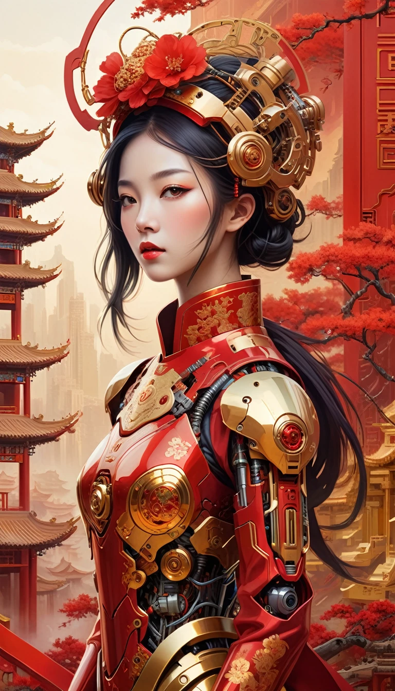 Intricate illustration in surrealist art style，mecha girl，Chinese woman, Cyborg in Chinese culture style, full background, Mecca of red and gold mixture