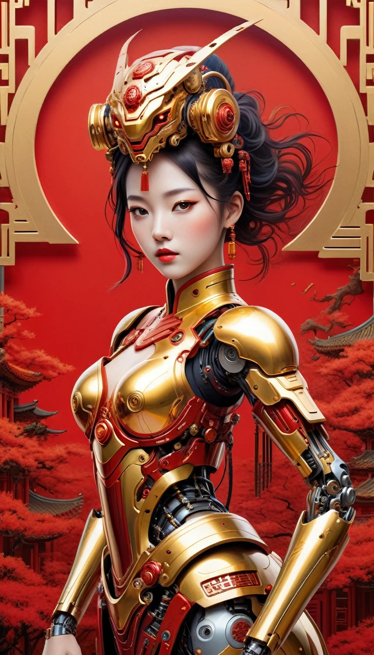 Intricate illustration in surrealist art style，mecha girl，Chinese woman, Cyborg in Chinese culture style, full background, Mecca of red and gold mixture