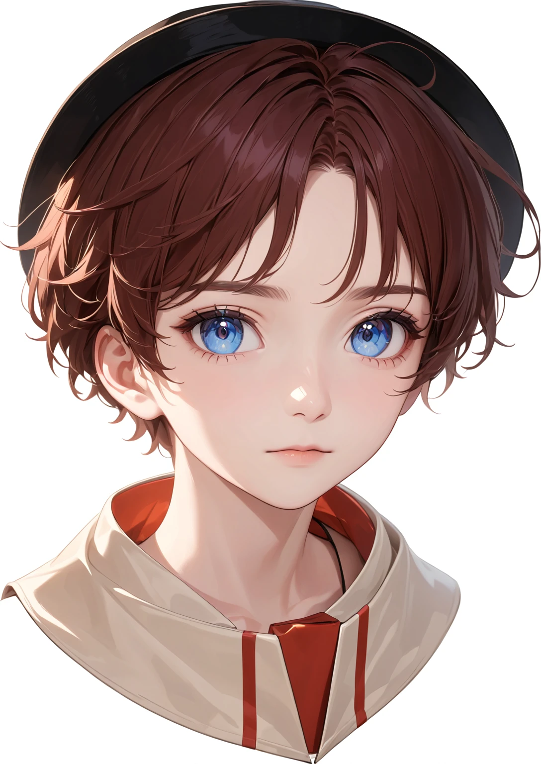 [Core Concept] A realistic portrait of an anime-inspired young man wearing a porkpie hat.

[Character Description] The subject is a boyish-looking youth with delicate features, large expressive eyes, and soft, youthful skin. His hair is styled in a messy, slightly windswept manner, adding to his charming, carefree appearance.

[Environment/Background] The portrait is set against a neutral, slightly out-of-focus background, allowing the subject to be the primary focus of the composition.

[Style and Atmosphere] The lighting is realistic and dramatic, creating deep shadows and highlights that accentuate the subject's facial structure and the texture of his hat. The overall mood is pensive and introspective.

[Composition] The portrait is framed tightly, capturing the subject's head and upper torso, with the porkpie hat prominently positioned atop his head.

[Details and Embellishments] The porkpie hat is rendered with meticulous attention to detail, showcasing the fabric's texture, the subtle sheen of the brim, and the small, distinctive crease at the crown.

[Technical Specifications] The image is a high-resolution, photorealistic digital painting or photograph, capturing the subject with a level of realism that blends seamlessly with the anime-inspired aesthetic.