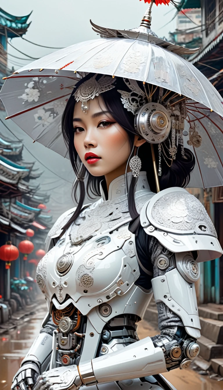 Intricate illustration in surrealist art style，mecha girl，Vietnamese woman, Cyborg in Vietnamese culture style, full background, Mecca of white and silver mix, holding an umbrella in vietnam