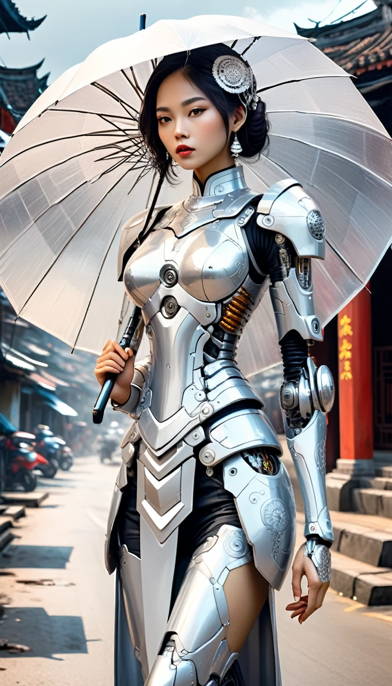 Intricate illustration in surrealist art style，mecha girl，Vietnamese woman, Cyborg in Vietnamese culture style, full background, Mecca of white and silver mix, holding an umbrella in vietnam