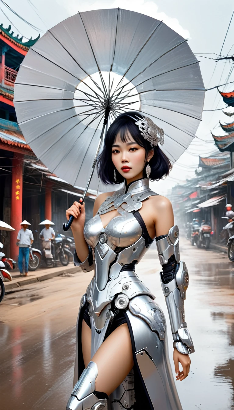 Intricate illustration in surrealist art style，mecha girl，Vietnamese woman, Cyborg in Vietnamese culture style, full background, Mecca of white and silver mix, holding an umbrella in vietnam