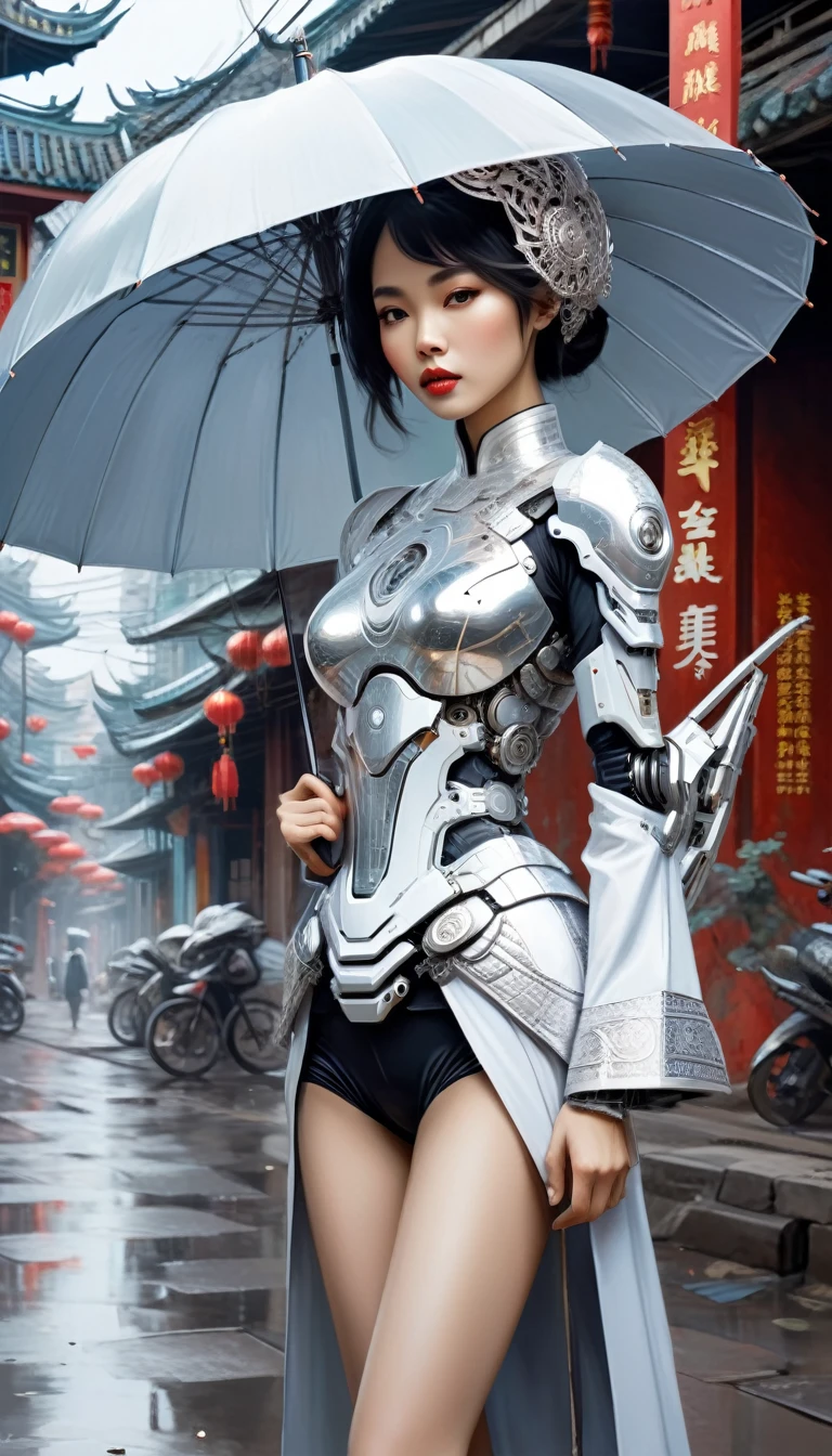 Intricate illustration in surrealist art style，mecha girl，Vietnamese woman, Cyborg in Vietnamese culture style, full background, Mecca of white and silver mix, holding an umbrella in vietnam