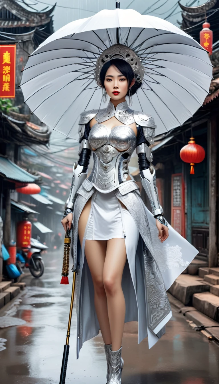 Intricate illustration in surrealist art style，mecha girl，Vietnamese woman, Cyborg in Vietnamese culture style, full background, Mecca of white and silver mix, holding an umbrella in vietnam